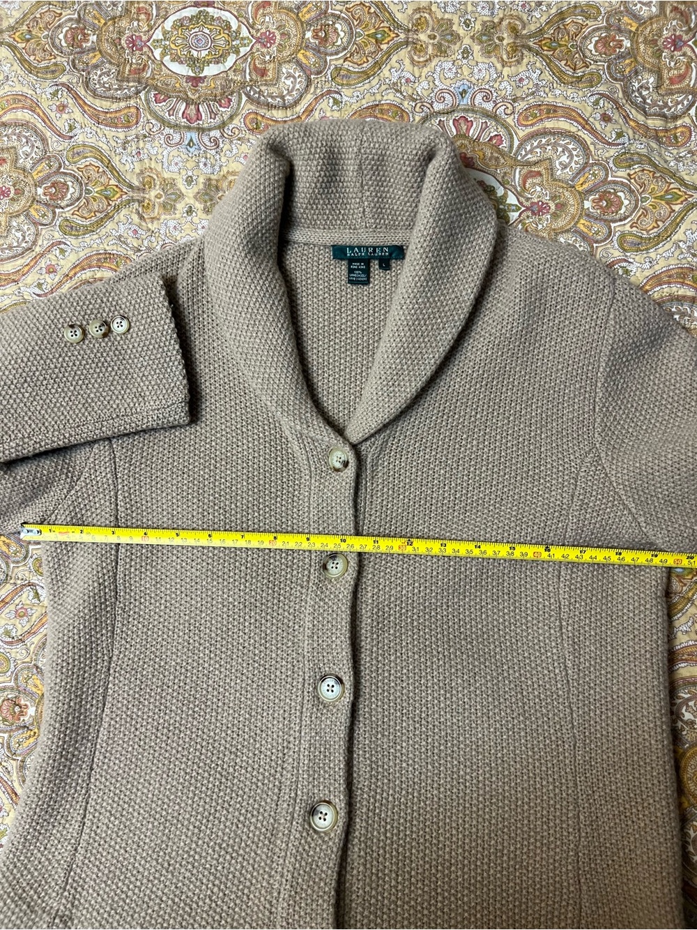 Lauren Ralph Lauren 100% Lambswool Shawl Collar Cardigan Sweater L Camel - Picture 9 of 11